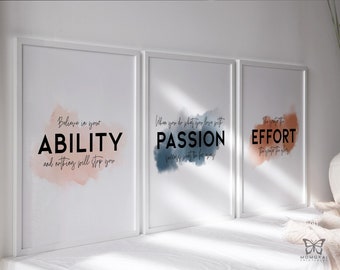 Watercolor Success Motivation Quote Set of 3, Abstract Office Wall Art Printable Download