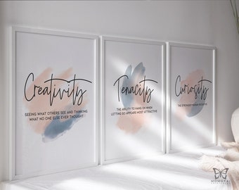 Creativity Wall Art Set of 3, Blush Blue Office Prints, Inspirational Printable Download