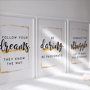 Gold office wall art prints, Set of 3 business motivational quotes, Office wall art, girly cursive font quote, success saying office set /01