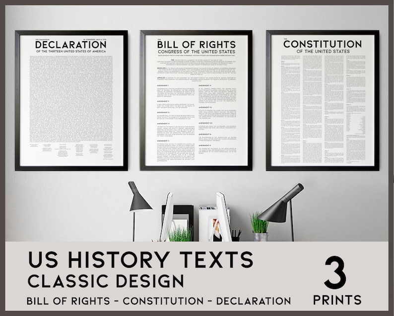 May include: Three framed prints of historical documents: The Declaration of Independence, the Bill of Rights, and the Constitution of the United States. The prints are in black frames with white backgrounds. The text "US HISTORY TEXTS CLASSIC DESIGN" is at the bottom.
