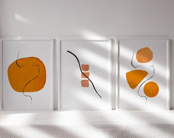 錆色の抽象的な壁アート3点セット、焦げ茶色の印刷可能なモダンな装飾、ダウンロード