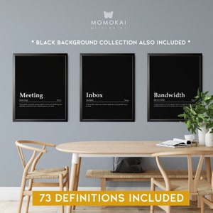 May include: Three black framed prints with white text on a black background. The prints are titled "Meeting", "Inbox", and "Bandwidth" and include definitions for each word. The prints are hanging on a light gray wall above a wooden table and chairs. The text "73 DEFINITIONS INCLUDED" is displayed below the prints.