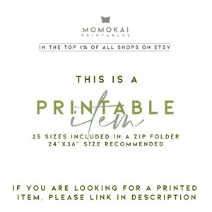 May include: White background with text: "MOMOKAI PRINTABLES" and "IN THE TOP 1% OF ALL SHOPS ON ETSY." The text "THIS IS A PRINTABLE ITEM" is in green. It recommends a 24"x36" size and includes 25 sizes in a ZIP folder.
