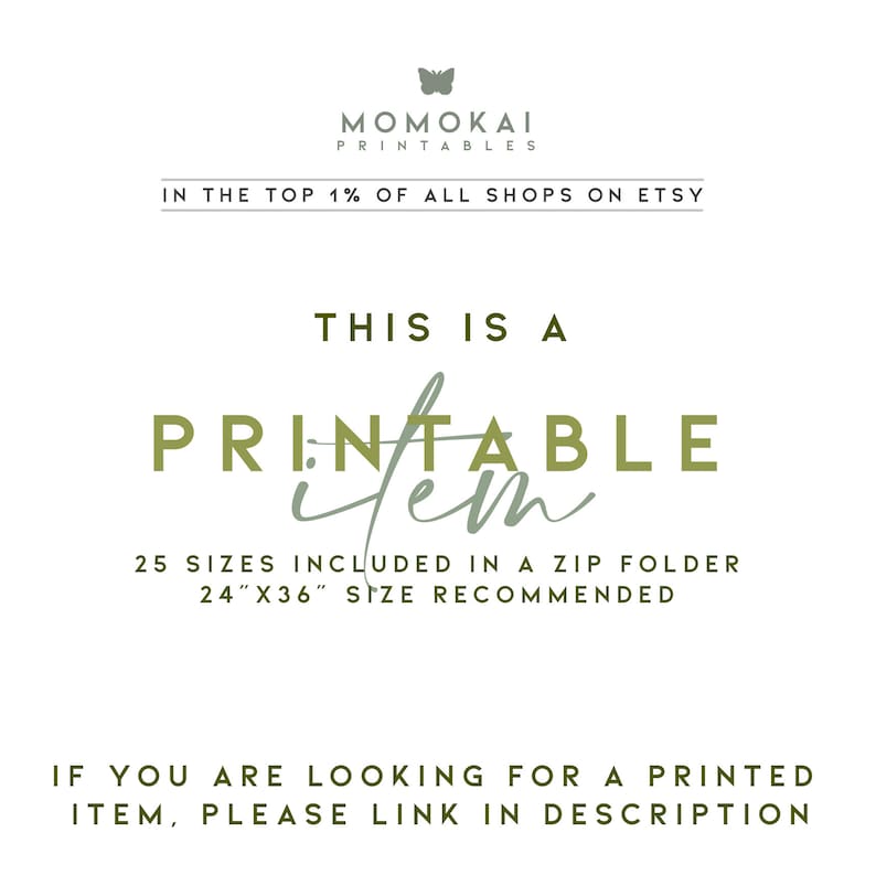 May include: White background with text: "MOMOKAI PRINTABLES" and "IN THE TOP 1% OF ALL SHOPS ON ETSY." The text "THIS IS A PRINTABLE ITEM" is in green. It recommends a 24"x36" size and includes 25 sizes in a ZIP folder.