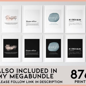 May include: A set of eight printable wall art prints with black and white text and a blue watercolor background. The prints feature definitions for the words "to reiterate", "work", "home office", and "as stated below".