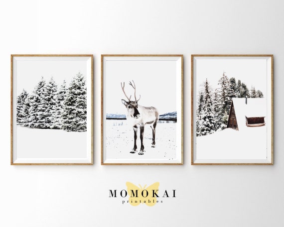 Winter Wall Art Set Of 3 Prints Moose In Snow Print Log Cabin Etsy