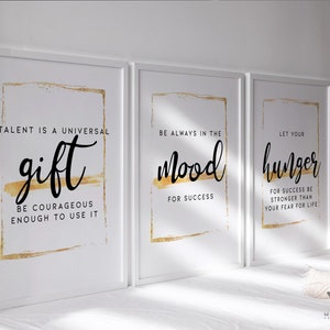 Modern office wall decor, Gallery set of 3 print, golden color prints, leadership wall art, printable wall art, success definition print /01