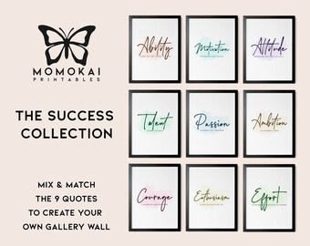 9 Success Printable Quotes – Motivational Wall Art Set for Work & Growth