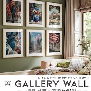 May include: A gallery wall featuring six framed art prints with patriotic themes. The prints depict scenes of the American flag, the Statue of Liberty, and historical events. The frames are gold-toned, and the overall aesthetic is classic.