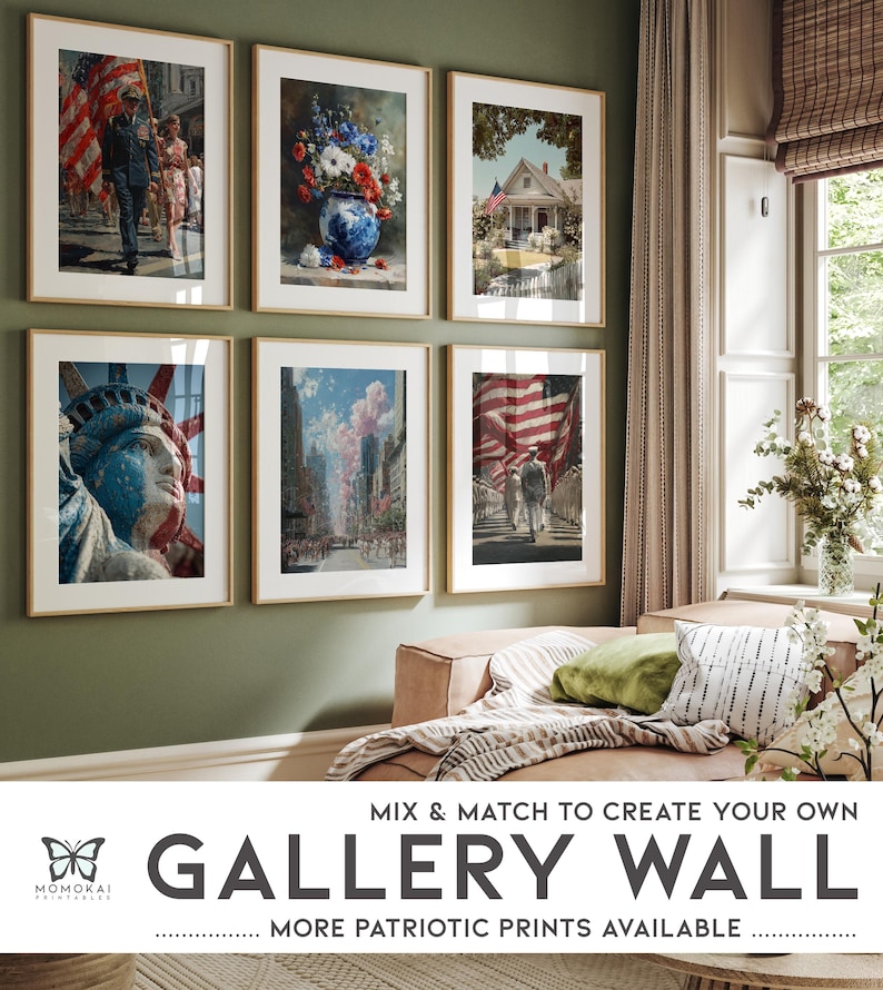 May include: A gallery wall featuring six framed art prints with patriotic themes. The prints depict scenes of the American flag, the Statue of Liberty, and historical events. The frames are gold-toned, and the overall aesthetic is classic.