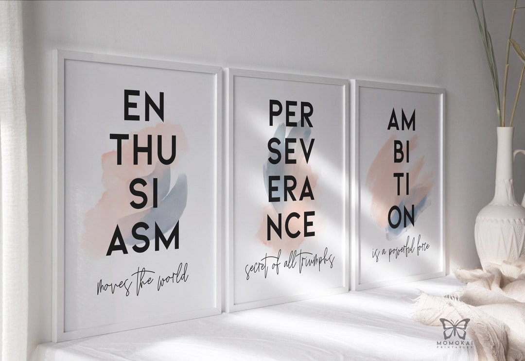 Motivational Wall Art Set of 3, Blush Blue Office Prints, Success ...