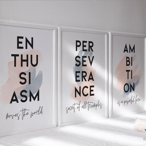 Office set of 3 motivational prints, Ambition, Enthusiasm, Perseverance, Blush Office Art, Modern workplace poster set, Success quotes /01