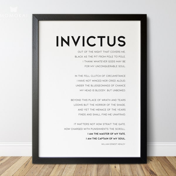 Poema Invictus impreso por William Ernest Henley, Invictus Soy el maestro de mi destino, tipografía minimalista para oficina y arte de pared hogareño /01