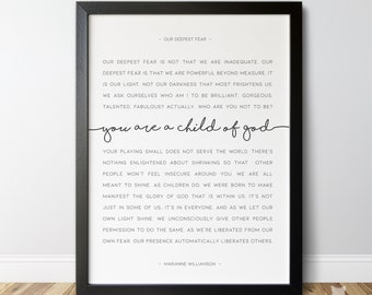 Marianne Williamson Our Deepest Fear, You are a child of God, Printable inspirational Christian wall art, Williamson poem poster /01