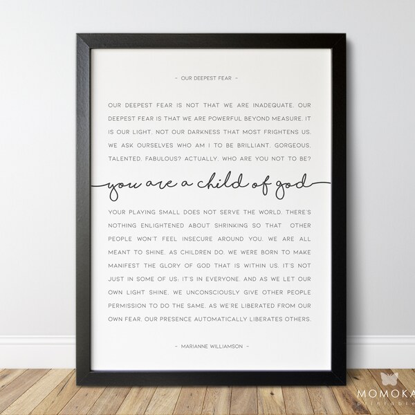 Marianne Williamson Our Deepest Fear, You are a child of God, Printable inspirational Christian wall art, Williamson poem poster /01