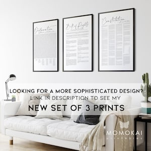 May include: Three framed prints of historical documents: Declaration, Bill of Rights, and Constitution. Each document is displayed in black text on a white background, with a black frame. The text "NEW SET OF 3 PRINTS" is visible below the prints.