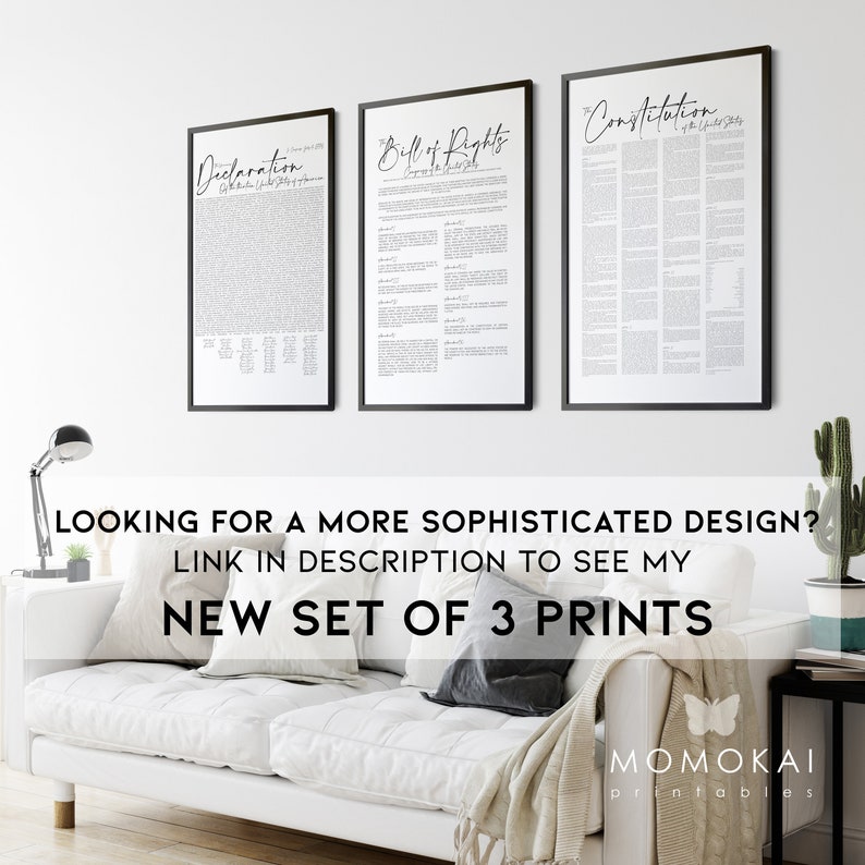 May include: Three framed prints of historical documents: Declaration, Bill of Rights, and Constitution. Each document is displayed in black text on a white background, with a black frame. The text "NEW SET OF 3 PRINTS" is visible below the prints.