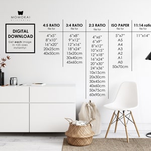 May include: Digital download art print size guide. The image shows a white wall with a minimalist interior design. The guide lists various print sizes in inches and centimeters, including 4x5, 6x8, 11x14, and A5 to A0 paper sizes.