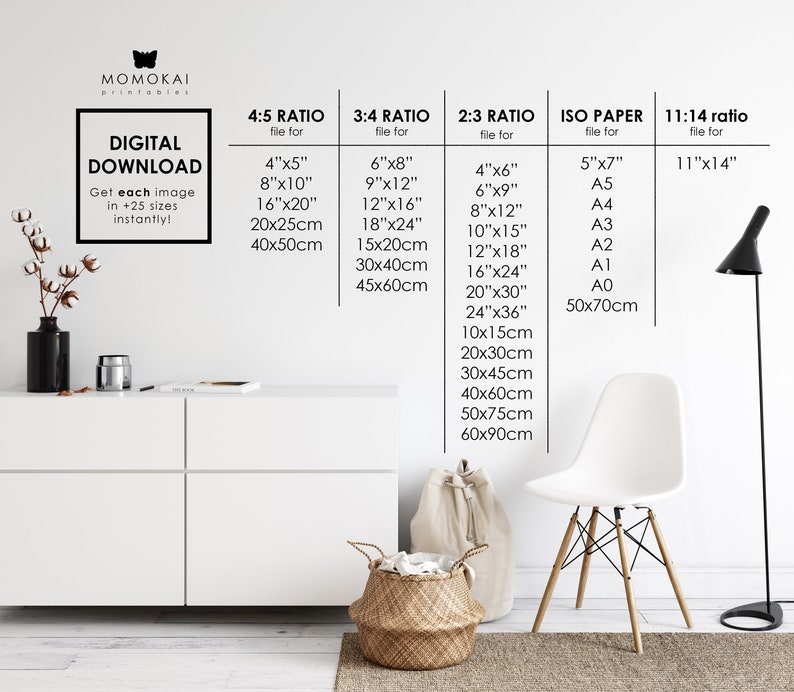 May include: Digital download art print size guide. The image shows a white wall with a minimalist interior design. The guide lists various print sizes in inches and centimeters, including 4x5, 6x8, 11x14, and A5 to A0 paper sizes.