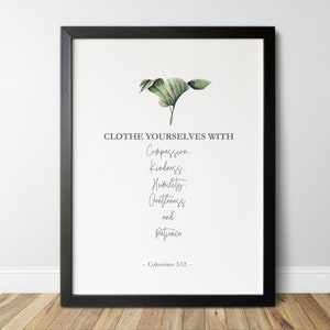 Clothe Yourselves Bible Verse Printable, Colossians 3:12 Print, Green Leaf Verse, Modern Verse Print, Inspirational Scripture Wall Art /01
