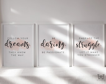 Juego de 3 láminas con frases inspiradoras / Pack de arte mural "Sueña en grande" / Pósteres con tipografía moderna