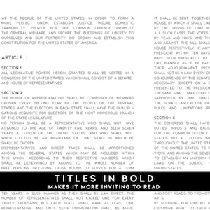 May include: A black and white image of text from the United States Constitution. The text is arranged in columns and includes the words "Article I" and "Titles in Bold Makes it More Inviting to Read."