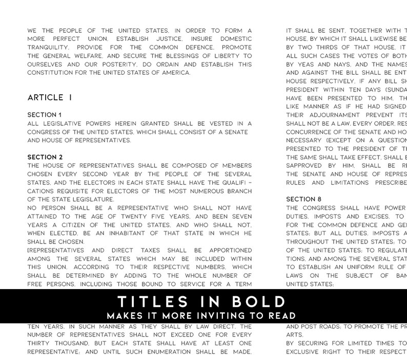 May include: A black and white image of text from the United States Constitution. The text is arranged in columns and includes the words "Article I" and "Titles in Bold Makes it More Inviting to Read."