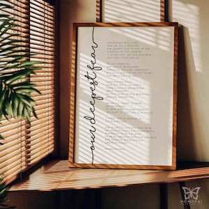 Nuestro miedo más profundo, póster imprimible de Marianne Williamson, arte de pared minimalista inspirador de Niño de Dios, regalo cristiano de decoración de oficina /01