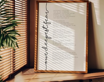 Our deepest fear by Marianne Williamson printable poster, Child of God minimalist inspirational wall art, Office decor Christian gift /01