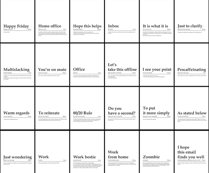 May include: A black and white printable poster set with 16 different definitions of common workplace phrases. The phrases include "Happy Friday", "Home office", "Hope this helps", "Inbox", "It is what it is", "Just to clarify", "Multislacking", "You're on mute", "Office", "Let's take this offline", "I see your point", "Procaffeinating", "Warm regards", "To reiterate", "80/20 Rule", "Do you have a second?", "To put it more simply", "As stated below", "Just wondering", "Work", "Work bestie", "Work from home", "Zoombie", and "I hope this email finds you well".