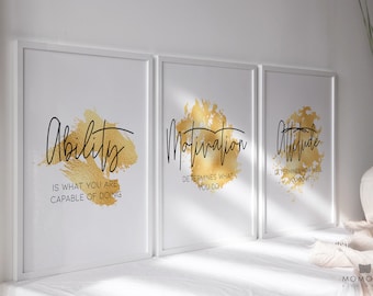 Gold Accent Work Mindset Prints, 3 Motivational Posters to Boost Confidence, Focus, and Productivity