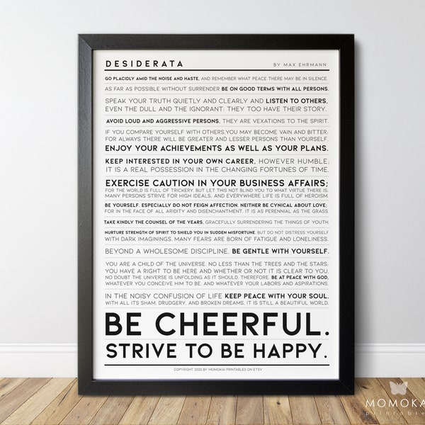 Desiderata printable, Desiderata print, Desiderata wall art, Max Ehrmann, Meaningful quotes for home and office, Minimalist typography /01