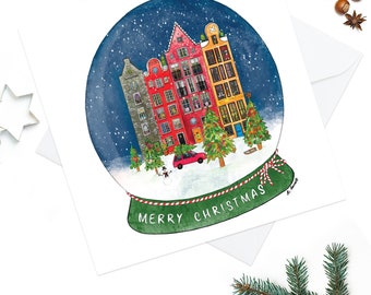 Merry Christmas Snow Globe card, watercolour illustration design, pack of cards, festive, artwork, Amsterdam town houses, christmas tree