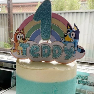 Custom Bluey Inspired Rainbow Cake Topper, Handmade Personalised Birthday Party Baby Toddler Child Kids Theme Supplies Decorations