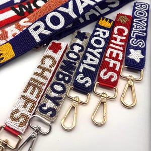 Complete Accessory Bundle Custom Beaded Strap Matching Wristlet Keychain Set Game Day Football Fashion Stadium Clear Bag Handle Team Colors Design Adjustable Length Option Handmade Quality Construction Practical Stylish Everyday Use Sports