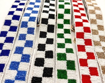 Checkered Beaded Bag Strap Accessory Stadium Adjustable Crossbody Handmade Design Statement Purse Fashion Game Day Clear Glass Bead