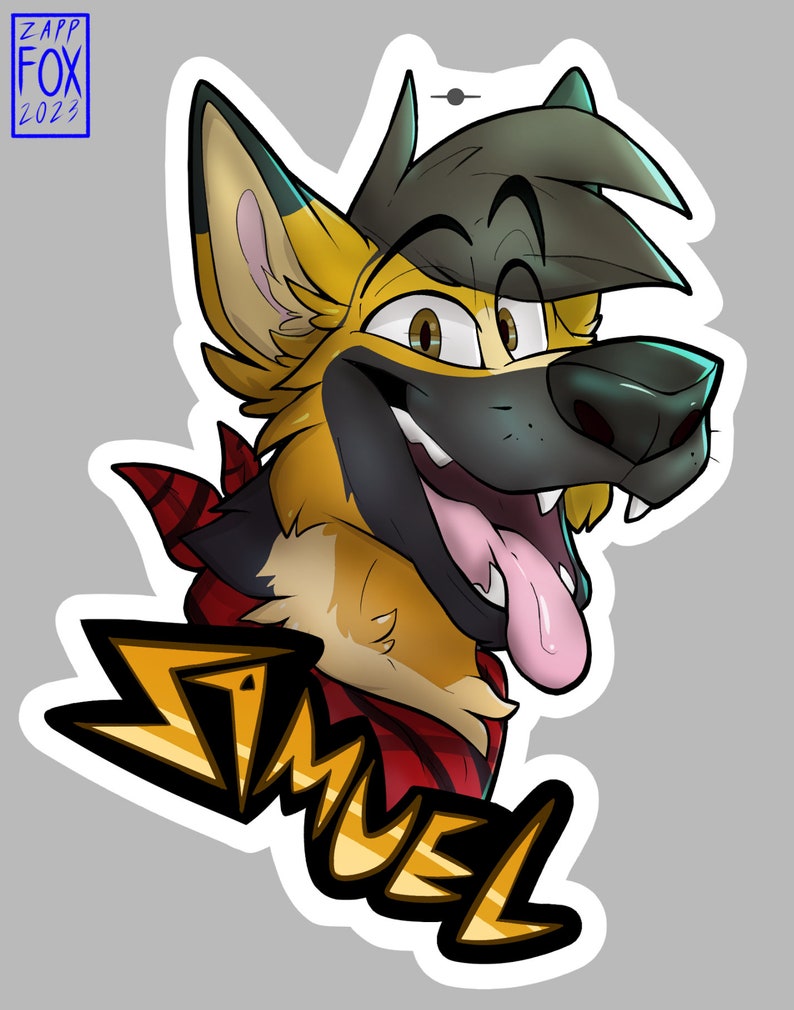 May include: A digital illustration of a cartoon dog with a yellow and black fur pattern. The dog is wearing a red bandana and has a big smile with its tongue sticking out. The dog's name, "Simuel", is written in yellow letters with black outlines.