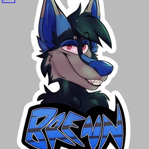 May include: A blue and black furry character with red eyes and a white outline. The character's name is "BREWN" in blue and black letters with a white outline.