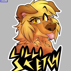 May include: A yellow and brown furry cartoon dog with its tongue sticking out. The dog has a yellow and black name tag that says "LILLY SKETCH" in a stylised font.