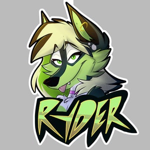 May include: A green and black furry character with blonde hair and green eyes. The character is smiling and has its tongue sticking out. The character's name is "RYDER" in a stylised font.