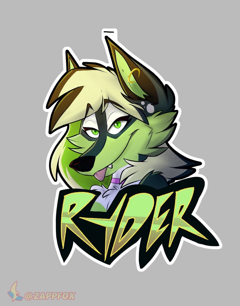 May include: A green and black furry character with blonde hair and green eyes. The character is smiling and has its tongue sticking out. The character's name is "RYDER" in a stylised font.