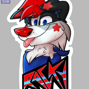 May include: A cartoon illustration of a furry, red, white and blue dog wearing a blue bandana. The dog has a red nose, blue eyes and its tongue is sticking out. The dog's name, "RACKY", is written in large, black letters with red and blue stripes.