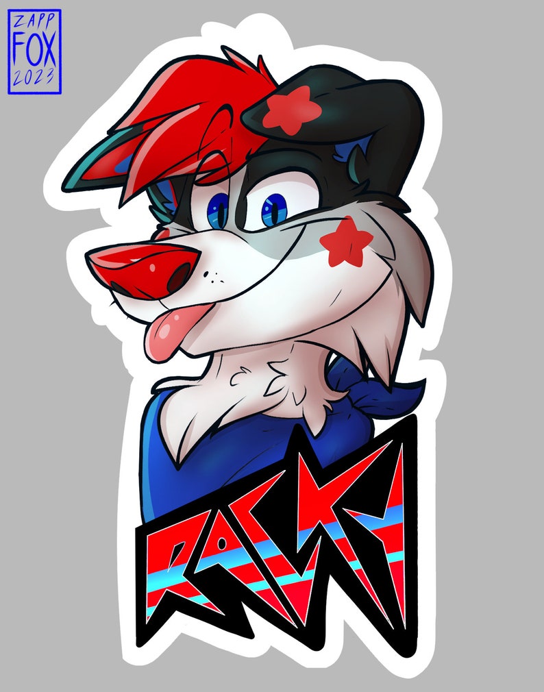 May include: A cartoon illustration of a furry, red, white and blue dog wearing a blue bandana. The dog has a red nose, blue eyes and its tongue is sticking out. The dog's name, "RACKY", is written in large, black letters with red and blue stripes.