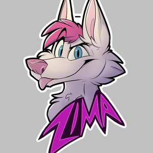 May include: A white furry cartoon character with pink hair and blue eyes. The character is sticking its tongue out and has the word "ZIMA" written in purple letters below it.
