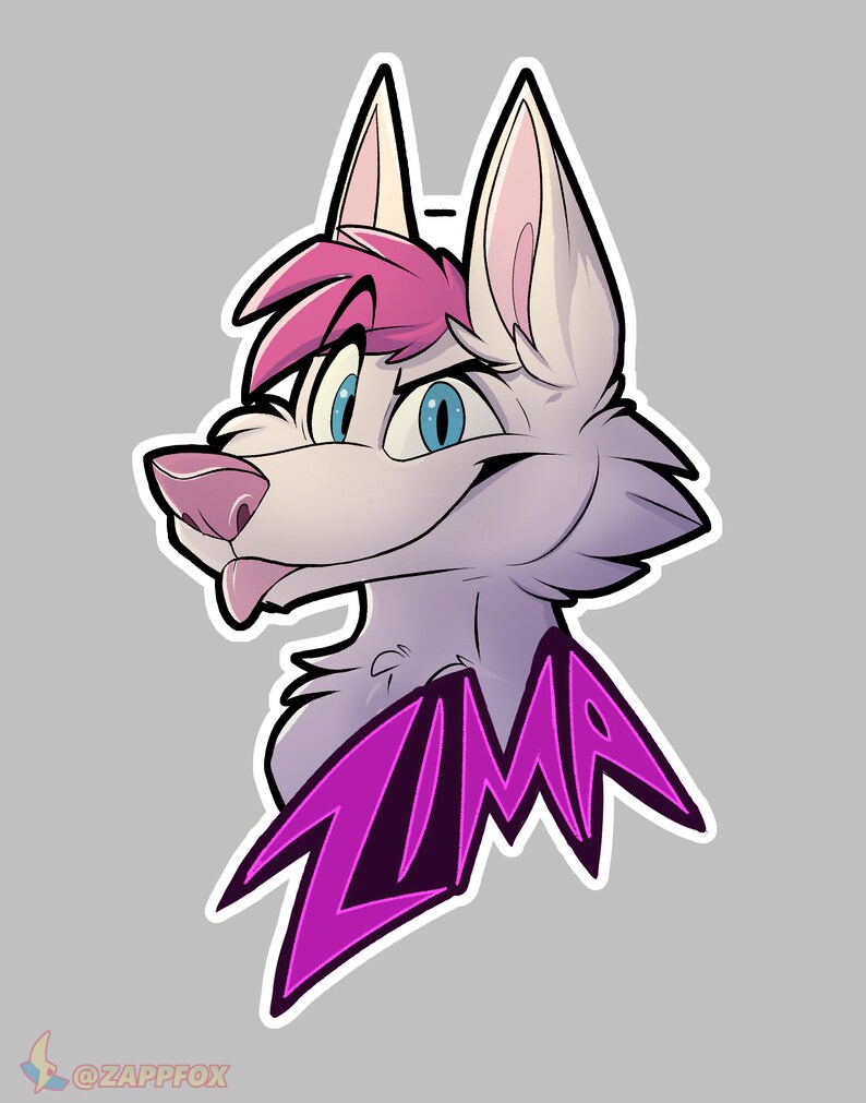 May include: A white furry cartoon character with pink hair and blue eyes. The character is sticking its tongue out and has the word "ZIMA" written in purple letters below it.