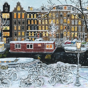 Amsterdam nella neve - biglietto piegato - biglietto di Natale - illustrazione art