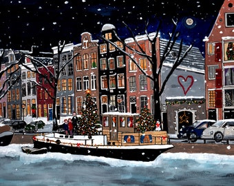 Woonboot Winter - kerstkaart - ansichtkaart / gevouwen kaart / Art Poster (A4) NIEUW!