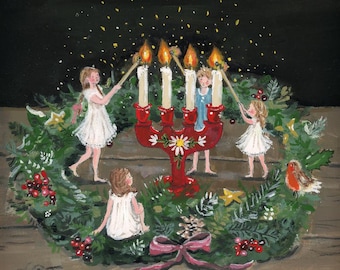 May include: A festive illustration depicts children lighting candles on a red candelabra, surrounded by a Christmas wreath. The wreath is adorned with berries, stars, and a pink bow. A small bird is perched on the wreath. The background is dark.