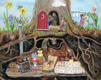 Pode incluir: Uma ilustração caprichosa de uma árvore com uma casa no tronco, um lar nas raízes e uma família de fadas. A árvore é cercada por flores e um jardim. A casa no tronco tem uma porta vermelha e uma janela com uma luz acesa. O lar nas raízes tem uma lareira, uma mesa e uma cadeira. As fadas usam roupas coloridas e brincam no jardim.