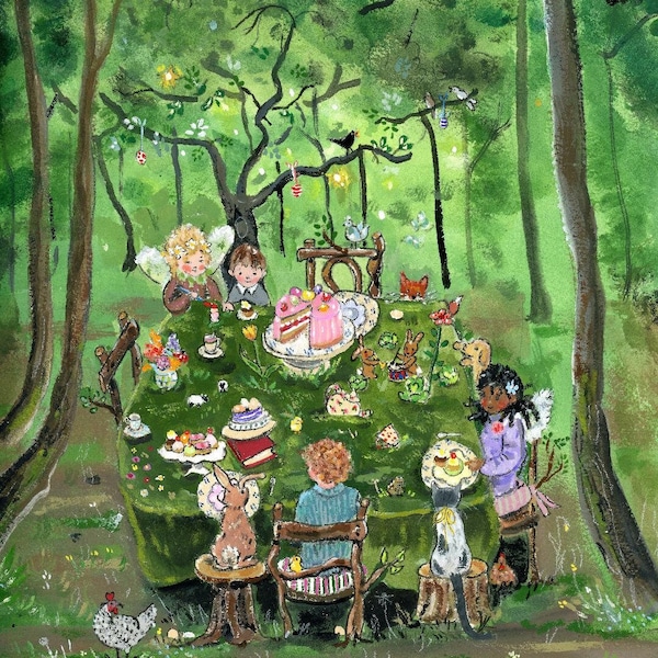 Party im Wald - Kunstposter (A4) - Postkarte - Kinderzimmer - Party - Ostern